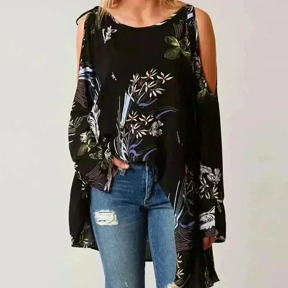 Free People  Clear Skies Printed Cold Shoulder Tunic Floral Boho Black Women's M - Picture 1 of 14